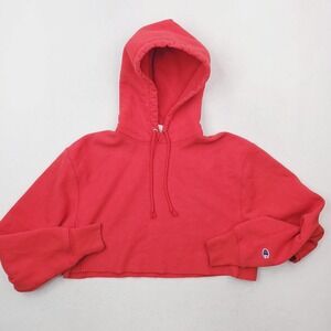 Champion Hoodie Womens Medium Red Reverse Weave Cropped‎ Fleece Pullover Logo